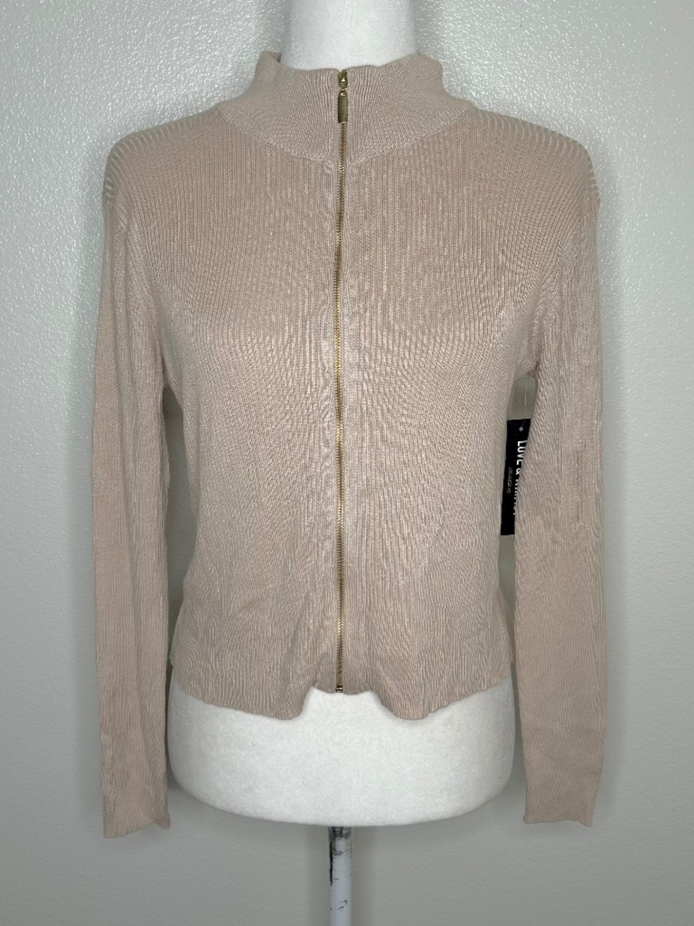 New Love & Whimsy Womens Beige Ribbed Zip-Up Sweater Top Size M NWT